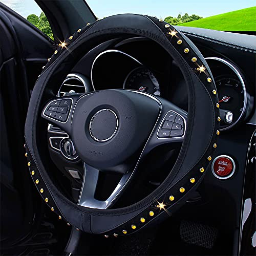 Duories Universal Lenkradbezug Auto Lenkradhülle,Glitzer Bling Diamant Leder Lenkradbezug,37-38cm Anti Rutsch Lenkradhüllen Lenkrad Abdeckung Lenkradschoner Auto-Dekozubehör für Frauen Damen,Gelb