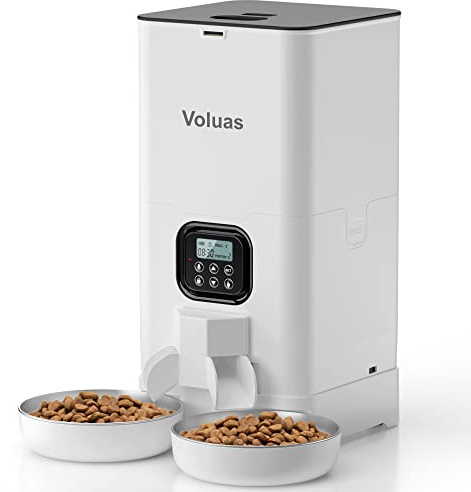 Voluas Automatic Cat Feeders for Two Cats, Double Pet Feeder with 2 Stainless Steel Bowls,6L Timed Cat Feeder with Memory Function, Pet Food Dish