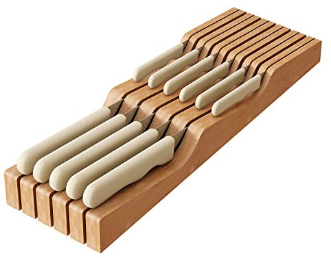 in-Drawer Knife Block Organizer - Bamboo Wood Drawer Knife Organizer-Protecting Knife Organizer Block Holds Up to 11 Knives（Not Included）
