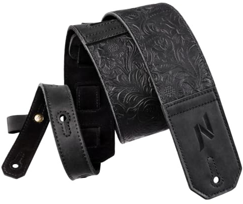 Nefelibata Gitarrengurt, 2.3 breite Vollnarben-Gitarrengurte aus Leder mit weicher Polsterung für Bass-, Elektro- und Akustikgitarre (Schwarz)