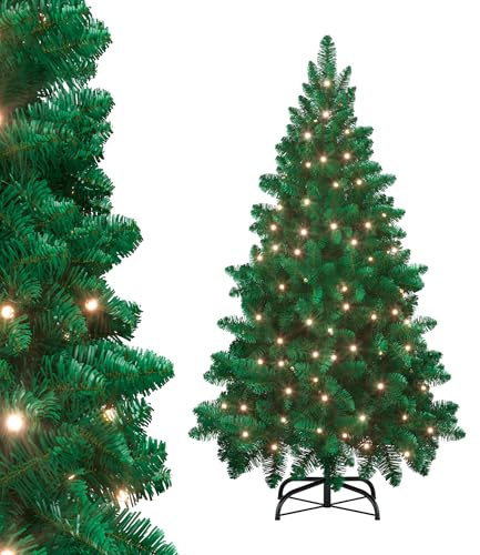 XMTECH Künstlicher Weihnachtsbaum 210cm Premium mit Beleuchtung – LED Tannenbaum aus grünem PVC mit Lichterkette und Metallständer, für Weihnachtsdekoration mit Weiß Schnee-Effekt und Kiefernzapfen