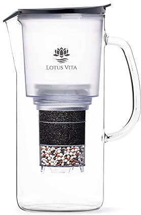 Lotus Vita TOYA Glas-Filterkanne Natura Plus - Wasser Karaffe mit Kartusche, Reduziert Kalk Chlor Blei durch Aktivkohle Ionentauscher, BPA-frei, Glas durchsichtig und Anthrazit Deckel