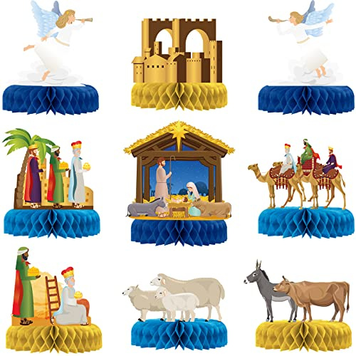 Faccito 9 Pcs Christmas Honeycomb Centerpieces Religious Nativity Scene Table Decorations Cardboard Jesus Crafts for Winter Holiday Church Party Supplies