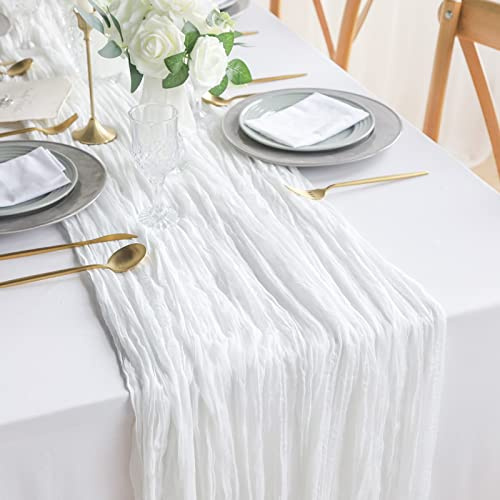 DROMCOM 2 Stück 90 x 300cm Weiß Seihtuch-Tischläufer Rustikaler Gaze-Tischläufer, Romantischer Halbtransparenter Stoff Tischdecke Boho für Hochzeit Dekoration, Geburtstagsparty