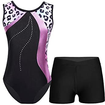 iEFiEL Mädchen Glitzer Turnanzug Ärmellose Leotards Rückenfrei Ballettanzug mit Strass Ballettkleidung Gymnastikbody Tanzkostüm Rosa Leopard 134-140