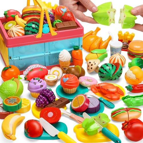 100 PCS Play Food Set for Kid Kitchen,Storage Basket with Vegetable & Fruit