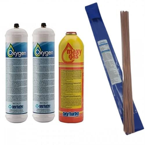 GASFRIGO - N° 2 bombole ossigeno per saldatura 930 ml. 110 bar M12x1 + 1 bombola maxy gas 350 g. 7/16 + bacchette per saldatura lega rame fosforo argento 5% confezione da 250 g.