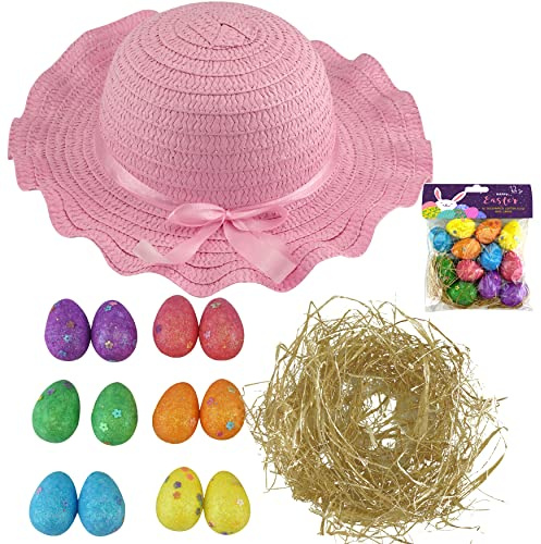 SRVertex 14PCS Easter Bonnet for Kids Easter Eggs Grass Ribbon Straw Woven Colourful Decorative Hat Ideal to Decorate for School Parade Celebrations for Boys Girls Reusable Decorative Accessory
