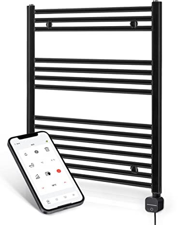 anapont Radiateur de salle de bain électrique 775hx600b – Noir – Minuterie programmable par application – Radiateur pour serviettes – Chauffage électrique – Sèche-serviettes de bain