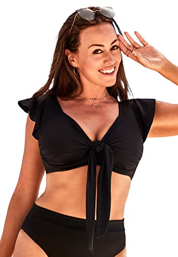 Swimsuits For All Women's Tie Front Cup Sized Cap Sleeve Underwire Bikini Top - 16 E/F, Black (Plus
