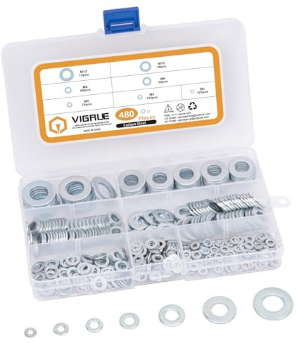 VIGRUE 480Stück Unterlegscheiben Set Stahl Verzinkt Flach Unterlegscheiben Beilagscheiben Sicherungsscheiben Sortiment Set, mit Einer Sortimentskasten.7 Verschiedene Größen(M3 M4 M5 M6 M8 M10 M12)