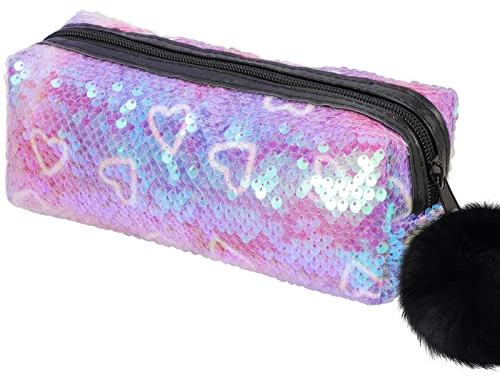 FOGARY Sjöjungfru paljetter pennfodral för flickor (vändbar färg), glitter kosmetisk makeup handväska för kvinnor med pompom dragkedja, Lila hjärta, Sminkväska