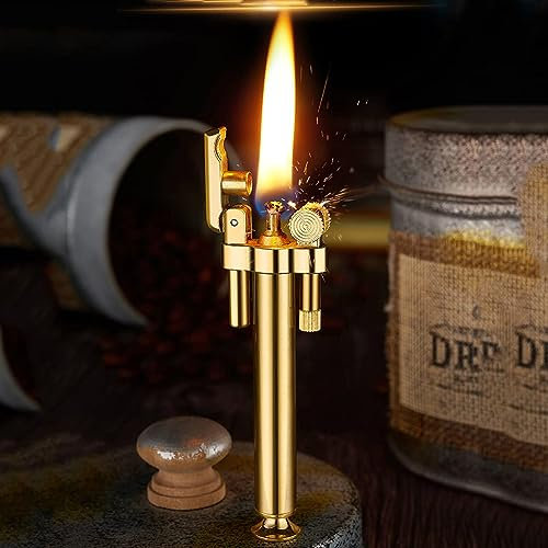 Vintage Antikes Feuerzeug, wiederverwendbares winddichtes Trenchfeuerzeug, Coole-Feuerzeuge, Geburtstagsgeschenke für Männer Papa Ehemann (Gold-Messing)