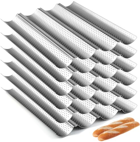 Mifoci 6 Pcs Baguette Bread Pan Nonstick Perforated Baguette Pan 15 x 13 Carbon Steel Mold 4 Wave Loaves Loaf Oven Tray for Sourdough French Bread Baking(Silver)