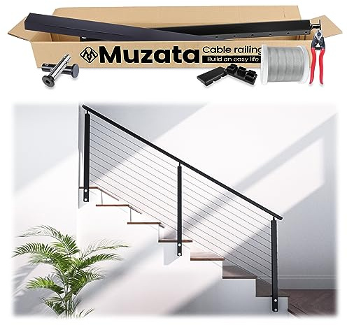 Muzata 3'-6'6 Side Mount Black Complete Cable Railing Kit for Stairs 36 Inch Cable Railing System with Post Handrail Left & Right Universal Space-Saving Fascia Mount RCF1 BA4S