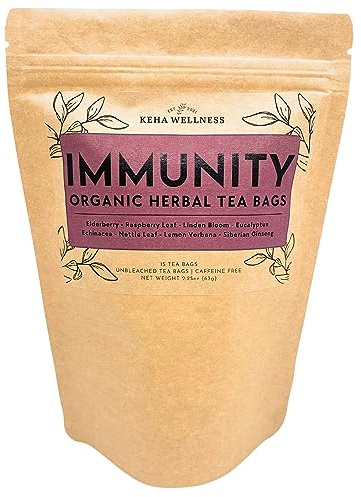 Keha Wellness Organic Immunity Herbal Tea Bags 15 Tea Bags Extra Full & Extra Flavor Caffeine Free Immune Support Tea Wellness Tea Cold & Flu Elderberry Echinacea Tea Made in the USA