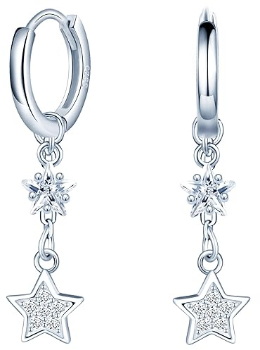 MICMIF Sterne Ohrringe Silber 925 hängend für Damen, S925 Sterling Silber Ohrring Stern Zirkonia Ohrhänger Hoop Ohrringe Creolen Klein mit Anhänger Stern Schmuck für Frauen Mädchen