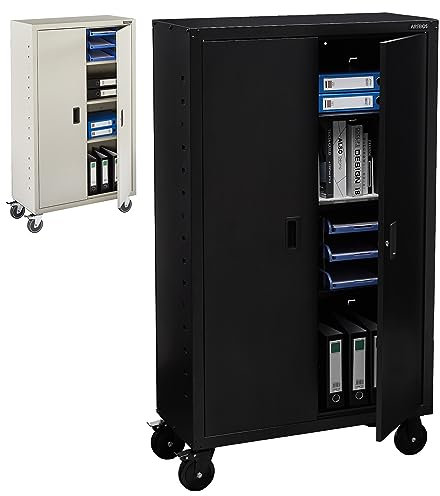 Arebos Aktenschrank | Büroschrank | inkl. 4 Rollen-Set | 155 x 90 x 40 | 2 Türen | mit 3 Höhenverstellbaren Einlegeböden | mit Zylinderschloss | Schwarz