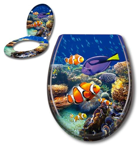 XINZI Toilettendeckel mit Absenkautomatik Antibakteriell WC Sitz Klodeckel mit Quick Release Funktion Abnehmbar Oval Klobrille Toilettensitz mit Softclose WC Deckel aus Duroplast (Bunter Fisch)