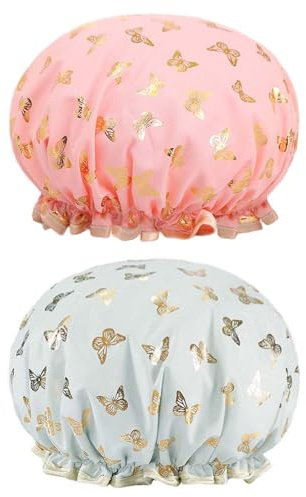 Bath Caps Elastic Band Waterproof Shower Caps With Ruffled Edge Covering Ears Keeping Hair Dry Kitchen Oil-proof Cap for Girls and Women (butterfly)