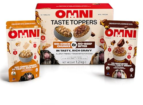 Omni Wet Dog Food Toppers - Dragons' Den Winners, Vet-Formulated Pouches to Use as Dog Treats or a Food Topper on Dry Food, Tasty Chunks in Gravy, 4 Months Plus - x4 No Beef Bites x4 No Chick Chunks
