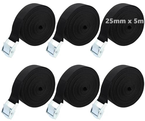 HEIYUET 6 Stück 25mm x 5m Spanngurt Zurrgurte, Schwarz Befestigungsgurt Spanngurt mit Klemmschloss, Gepäckträger Spanngurt für Motorrad, Auto, Fahrrad, Sackkarre, Gepäck, Camping