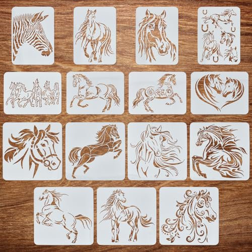 FINGERINSPIRE 15 Teiliges Pferde Malerei Set Schablonen Set 21x29.7 cm Und 30x30 cm Märchenprinz Hengst Schwarzes Pferd Hufeisen Laufendes Pferd Zebra Pferdeherde Pferdepaar Feine Pferdesprühvorlage