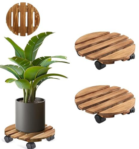 HFLWYWD Pflanzen-Caddy mit Rädern, runder Rollwagen mit 360° drehbaren Rollen, strapazierfähig, runde Pflanzenroller, aus Holz, mit abschließbaren Metallrollen für drinnen und draußen