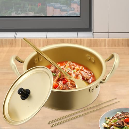 16cm Nudeltopf Korean,Aluminiumoxid-Kochtopf Nudeltopf mit Deckel Rund Kochtopf Er kann zum Kochen von Ramen-Nudeln, Brei, Eintöpfen und Gemüse (Gold)