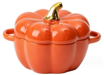 AVEKI Bonito cuenco, cuenco de cerámica de calabaza con tapa, apto para microondas y lavavajillas, cuenco de postre o sopa con asa, vajilla decorativa para Acción de Gracias, Halloween, fiesta de