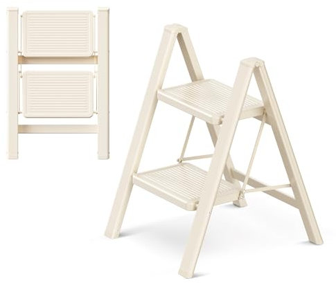 GameGem Klappbarer Tritthocker mit 2 Stufen, mit breitem Anti-Rutsch-Pedal, 150 kg Kapazität, leichte, tragbare Trittleiter für Zuhause und Küche, Cremeweiß