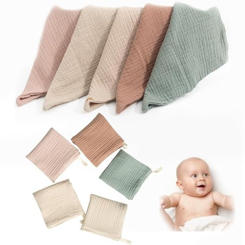 Fonyiunce 5 Stück Baby Musselin Squares, 23x23 cm Babi Waschlappen Neugeborene, Spucktücher, Baby-Handtücher Weiche Neugeborene, zum Füttern Wischen und Waschen- Zufällige Farbe-100% Baumwolle