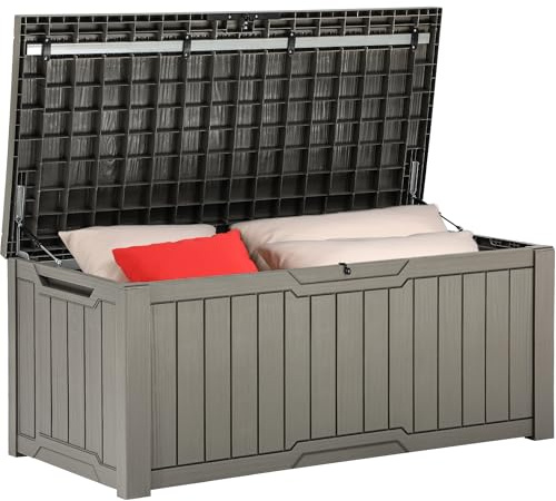 YITAHOME Außenspeicherbox 120-Gallonen-wasserdichte Deckbox für Gartengeräte Terrassenkissen Swimmingpool-Zubehör verschließbar einfach zusammenzubauen vielseitiger Sitzbank oder Tisch,hellbraun