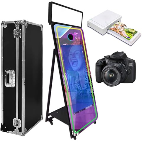 Photomaton magique miroir de 165,1 cm avec étui de vol, appareil photo interactif à écran tactile pour événement, fête, location de mariage (noir (écran tactile de 109 cm), machine + appareil photo +