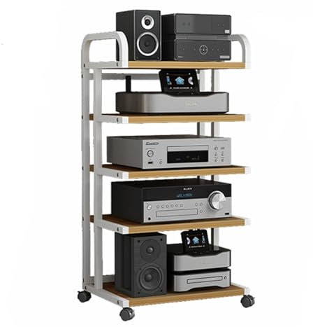 LYDBMYT 5 Tier Audio Rack, Heavy Duty Wooden Av Media Stand/Hi-fi Rack AudioTower W/Wheels for Vocals/Record Player/Stereo Receiver, Electronics Equipment Shelf