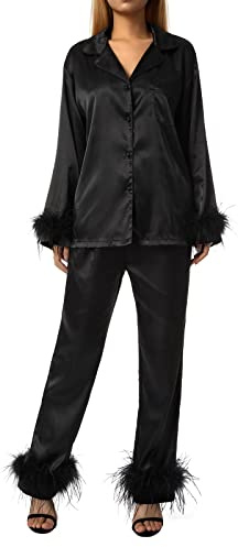 Set pigiama da donna con bordatura di piume, maniche lunghe, abbottonatura frontale, colletto a risvolto, top + pantaloni, completo per dormire in raso di seta per il tempo libero, Nero , L