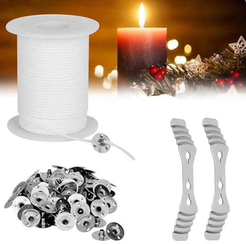 Núcleo de mecha de vela de algodón de 200 pies, mechas trenzadas para velas, bobinas de cuerda con 100 soportes de mecha de metal con 2 fijadores de metal para suministros de fabricación de velas