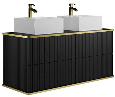 Vente-unique-Mueble de baño suspendido Estriado con Ribete Dorado y Dos lavabos Cuadrados - Negro - 120 cm - KELIZA