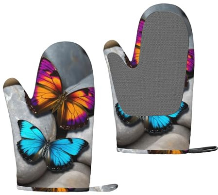 Colorful Butterfly Stone Oven Mitts Set of 2 Heat Resistant Silicone Oven Gloves with Soft Lining Non-Slip Kitchen Cooking Mitt Long Waterproof Potholders Kitchen Essentials