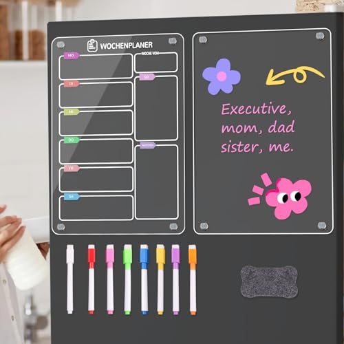 ZXShow 2 Stück a4 kühlschrank Wochenplaner Magnetisch Acryl Wochenplaner Kühlschrank Essensplaner Woche Abwischbar Acryl mit 7 Whiteboard-Stift, für To-do Listen, Menüplanung und Einkaufsliste