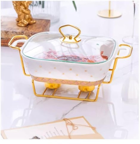 Runde Chafing Dish Buffet Set, underglaze Buffet Beetle Made of Ceramic with a Glass lid and Fuel Container, Food Warmer for Weddings/bankette(White,15inch)