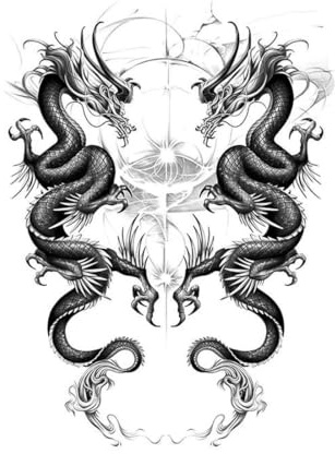 2 PCS Temporary Tattoos Autocollants De Tatouage De Jus D'Herbes De Dos Social De Style Chinois De Double Dragons Protégeant Le Maître Pour Hommes Et Femmes Non Réfléchissants