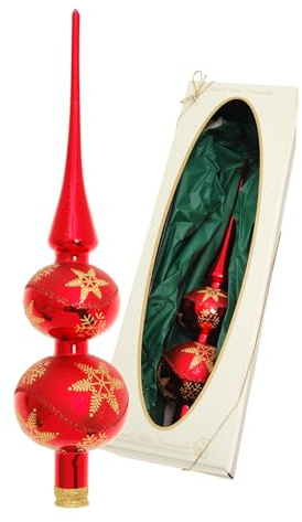 Krebs Glas Lauscha - Christbaumschmuck/Christbaumspitze aus Glas - Doppelspitze - Farbe: Rot mit Schneesterndekor - Größe: ca. 30 cm - Made in Germany