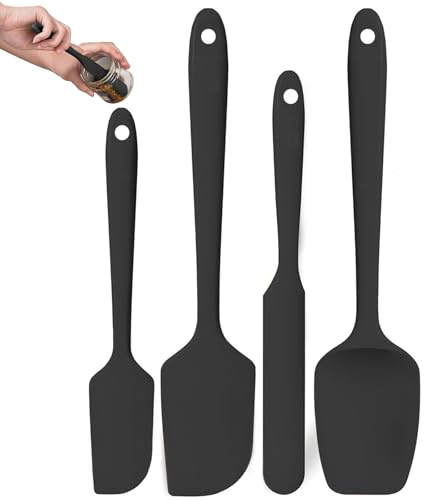 4 Stück Silikon Spatel Set Küchenutensilien zum Backen, Teigschaber Kochen Rühren Hitzebeständig Antihaft Nahtloser Teigschaber für Kochen Backen Rühren, Schwarz