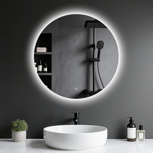 Archaluxe Badspiegel mit Beleuchtung - LED-Badezimmer-Spiegel-Round 50cm,Touch-Schalter,Dimmbar,3 Lichtfarben, Speicherfunktion, Badezimmerspiegel mit HD Sicherheitsgla - Explosionsschutz Wandspiegel