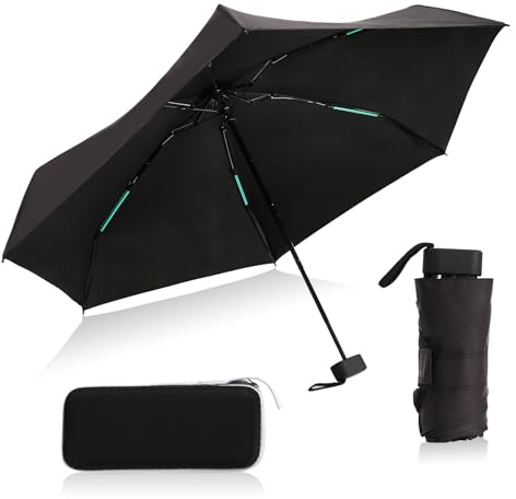 FeinKulturia Mini Reise Regenschirm 24 Rippen Taschenschirm Leicht Klein 190T Doppelte Knochenverstärkung UPF 50+ Ergonomischer Kompakter Klappschirm Geeignet für Pendler Jungen und Mädchen Schwarz