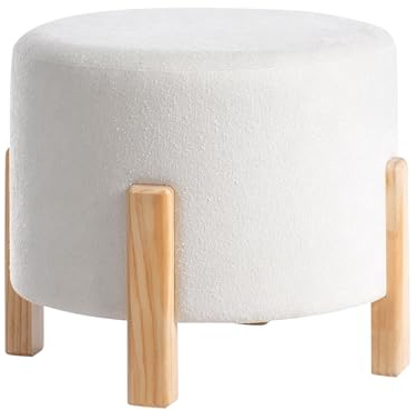 Pouf Chenille Stoffbezug creme weiß gepolstert rund auf Holzbeinen Terry