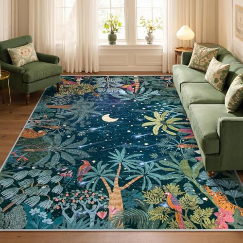 Houient Tropical Jungle Carpet, 60x90cm, Midnight Starry Sky Meteor Forest Green Botanical Bird Tiger Animals Area Rug, Cozy Machine Washable Boho Large Rugs for Living Room Kitchen Foyer