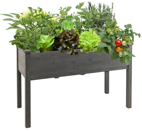 HOMASIS Fioriera Rialzata da Esterno in Legno di Abete, Orto Rialzato con Fori di Drenaggio, Letto da Giardino per Piante, Fiori, Erbe (Grigio, 125 x 59 x 76 cm)