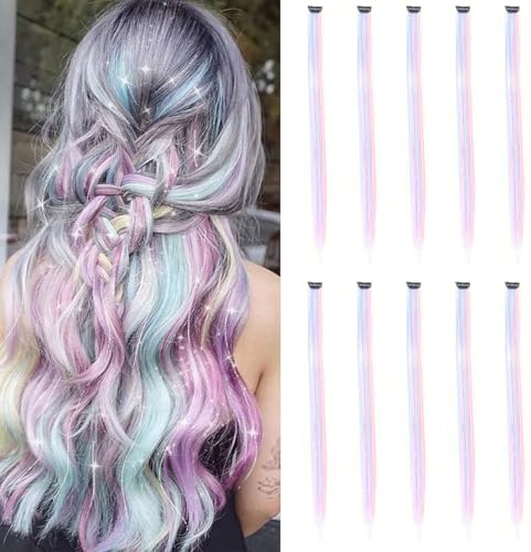 Srvauyea 10 Pezzi Extension Capelli Colorati, 55cm Ciocche di Capelli Colorate, Colorati Ciocche Capelli con Clip, Extension Capelli Clip per Bambini Ragazze Donne Festival Feste Halloween Cosplay